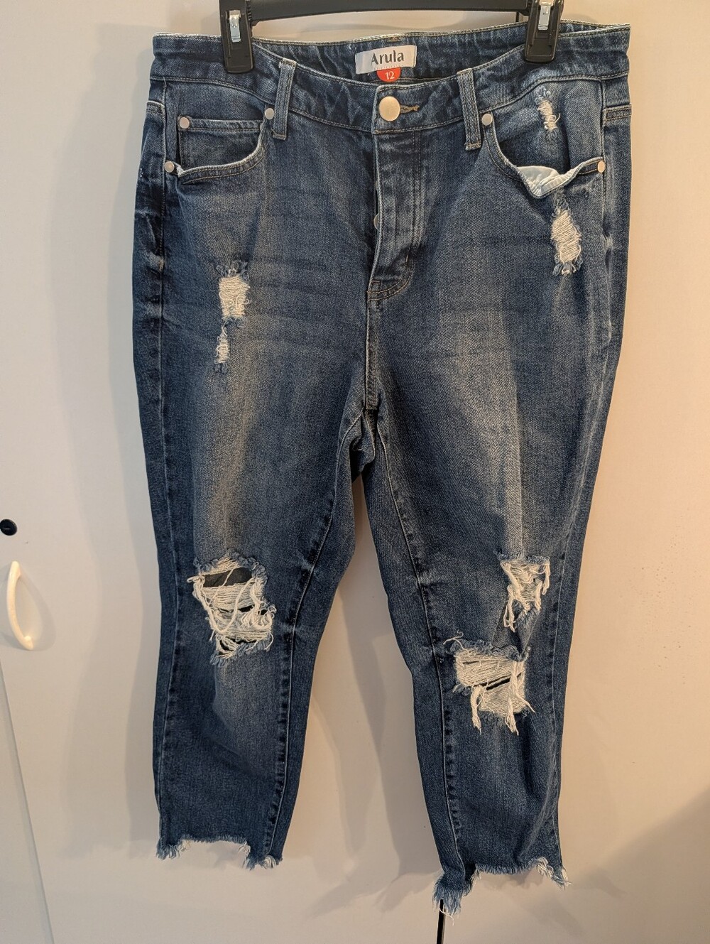 ARULA Distressed Dark Blue Button Fly Raw Hem Ankle Jeans Size 12